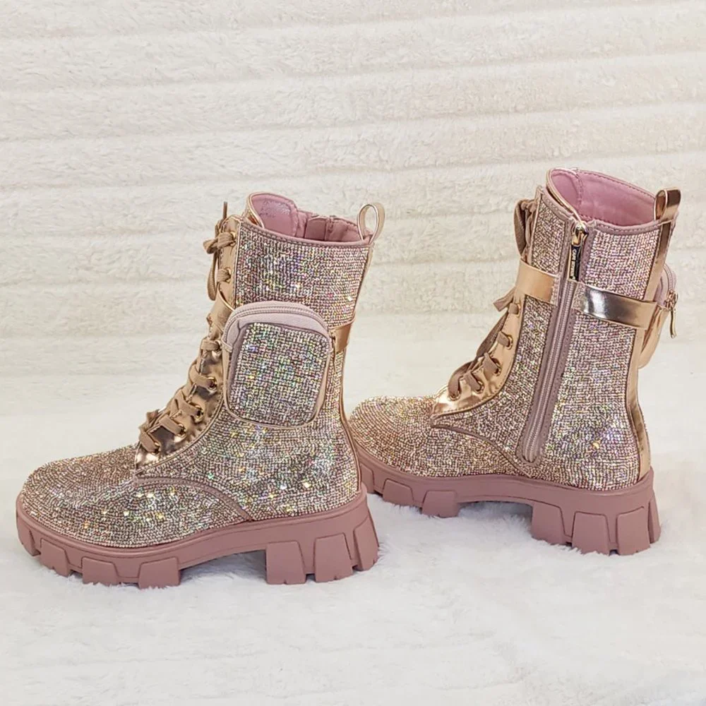 FIERCE FASHION Rose Gold Rhinestone Side Purse / Pouch Combat Ankle Boots